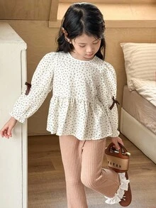 SHEIN Young Girls' Casual Ditsy Floral Round Neck Long Sleeve Top And Flare Pants Set Fall Winter - Multicolor - View 5
