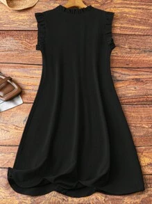 Linhara Plus Size Women Casual Comfortable Sleeveless V-Neck Dress With Ruffle Trim At Cuffs And Neckline, Suitable For Daily Commute - Black - View 2