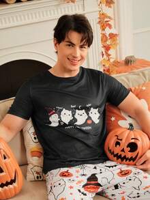 Bộ đồ ngủ nam tay ngắn in hình ma và quần dài, Halloween - Nhiều màu - Xem 6