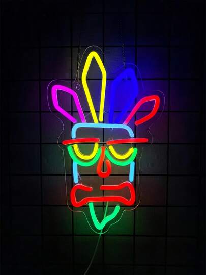 Letrero de neón LED con máscara tiki - Decoración de pared con alimentación USB para dormitorio de jugador, sala de hombres, bar, club y iluminación de fiesta