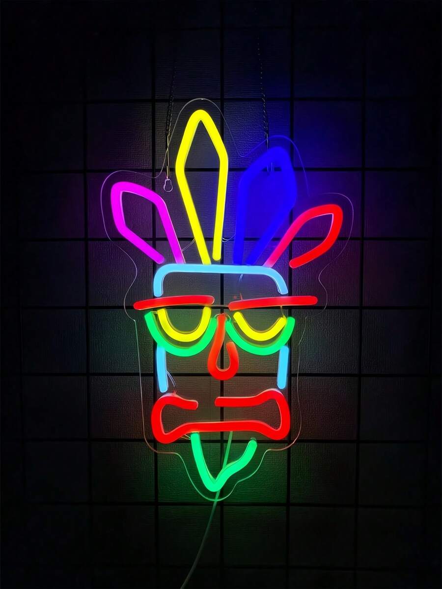 Tiki Mask LED 霓虹灯 - USB 供电墙面装饰，适用于游戏玩家卧室、男人窝、酒吧、俱乐部和派对照明 - 多色光 - 查看 1