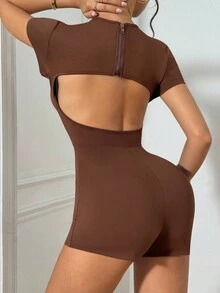 SHEIN Sports 女士露背镂空设计瑜伽连体裤 - 棕色 - 查看 3