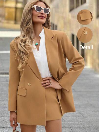 Solivie 女士优雅翻领长袖夹克和中长裙套装，适合秋冬日常穿着