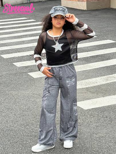 SHEIN Explorewe Tween Girl Colorblock Striped Star Hollow Out Top, Solid Color Camisole, Denim Print Pants Set