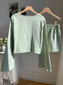 Comfortcana Bộ áo sơ mi và quần short in họa tiết hạt điều Bohemian dành cho nữ - Màu xanh Bạc hà - Xem 2