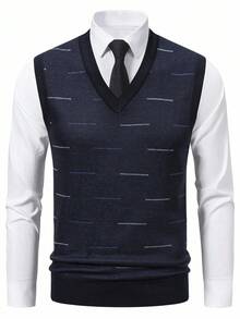 Calvornis 男士V领休闲条纹针织背心，带保暖内衬，秋冬季保暖上衣 - 藍色 - 查看 4