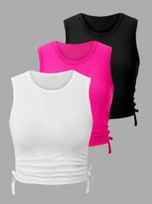 SHEIN Explorewe Tween Girls Solid Color Round Neck Side Tie Design Camisole Layering Tops, Multi-Pack - Multicolor - View 7