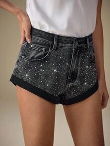 Selenza Quần short denim đính đá thời trang nữ, mùa hè - màu đen - Xem 4