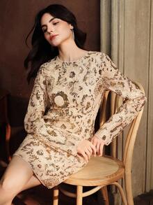 Anewsta 复古高端刺绣花卉亮片蕾丝串珠长袖女式连衣裙 - 金色 - 查看 4