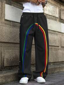 PAVTROS 年轻男士休闲宽松松紧腰直筒裤，超大码，夏季 LGBTQ 阔腿裤侧条纹裤骄傲裤，适合秋季 - 黑色 - 查看 7