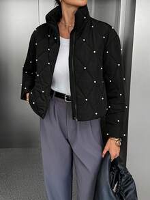 Siren Gaze Pearl Quilted Padded Coat, Winter Jacket For Women , Women Autumn/Winter Black Casual - Black - View 7