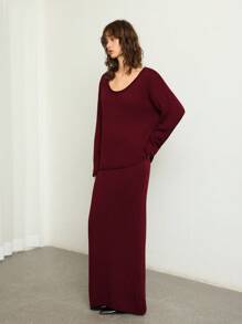 ATUI Studio 2 pièces Ensemble de pull tricoté décontracté à col rond, manches longues et épaules tombantes, couleur unie pour femmes