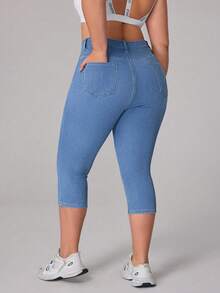 Flexra Damen Capri-Hose in Große Größen aus blauem Denim mit Gummizug, Lässig - Helle Waschung - Übersicht 2