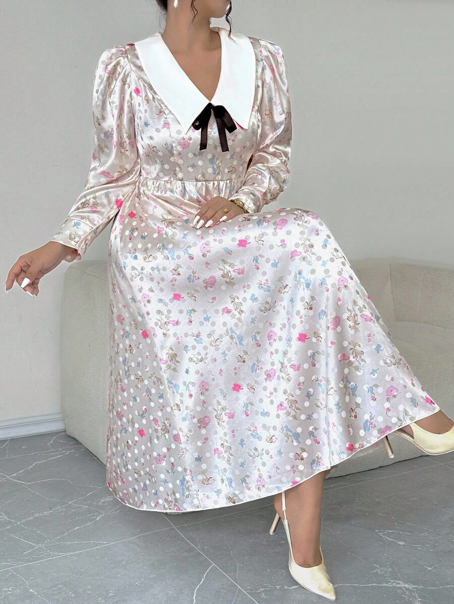 Elenzga Vestido de satén con estampado texturizado de talla grande, vestido con cuello de contraste de manga larga y puño de camisa, vestido elegante y ajustado de línea A para el té de la tarde que estiliza la cintura - Multicolor - Ver 1