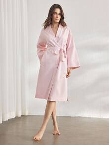 Ocili 休闲女士舒适棉质编织条纹系带长袍，家居服，秋季 - 粉色 - 查看 7