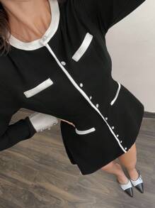 SHEIN Unity Vestido elegante de punto de manga larga con cintura ceñida y decoración de botones de perla para uso diario - Negro - Ver 1