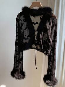 Comfortcana Blusa de manga larga con diseño de envoltura frontal sexy, de unicolor con parches de piel sintética transparente - Negro - Ver 2