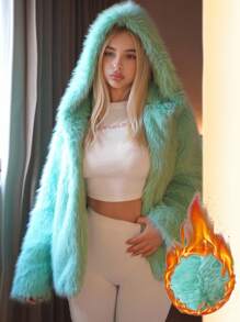 Sweetina Women's Teal Casual Warm Hooded Long Sleeve Faux Fur Coats For Autumn/Winter Winter Coat Fur Coat Teddy Coat - Green - View 1