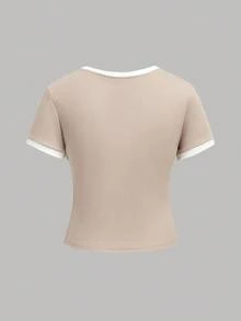 SHEIN Girlism Bộ áo thun bó sát dệt kim màu tương phản dành cho bé gái tuổi teen và quần cạp chun rộng rãi, trang phục thể thao đường phố, phù hợp cho mùa xuân/hè, trường học, bóng đá, hoạt động ngoài trời - Màu Khaki - Xem 7