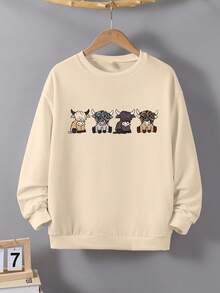 Tween Girls Cartoon Print Crew Neck Long Sleeve Sweatshirt - Khaki - View 1