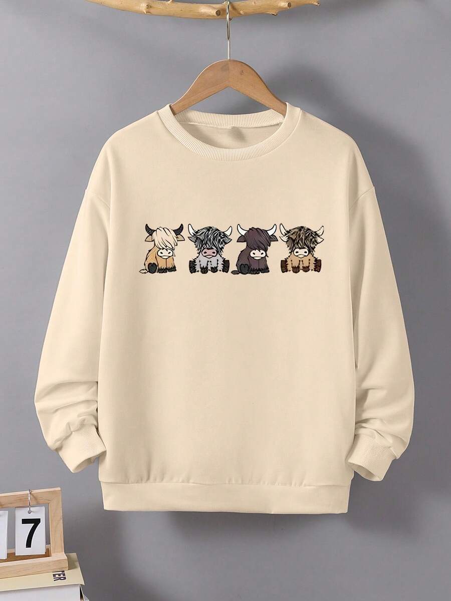 Tween Girls Cartoon Print Crew Neck Long Sleeve Sweatshirt - Khaki - View 1