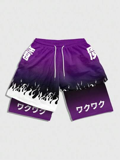 Anime شورت رجالي كاجوال فضفاض بخصر رباط قابل للتعديل