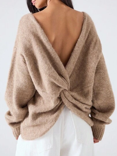 LYSMO Suéter holgado con giro en la espalda de moda para mujer en otoño/invierno, suéter marrón casual y elegante para mujer, para salir, volver a la escuela, graduación, ropa urbana y estilo de Estocolmo