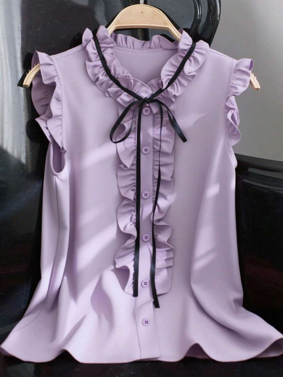 Franclia 荷叶边无袖休闲宽松衬衫，优雅女士红色宽松梭织衬衫上衣，夏季女装 - 紫色 - 查看 1