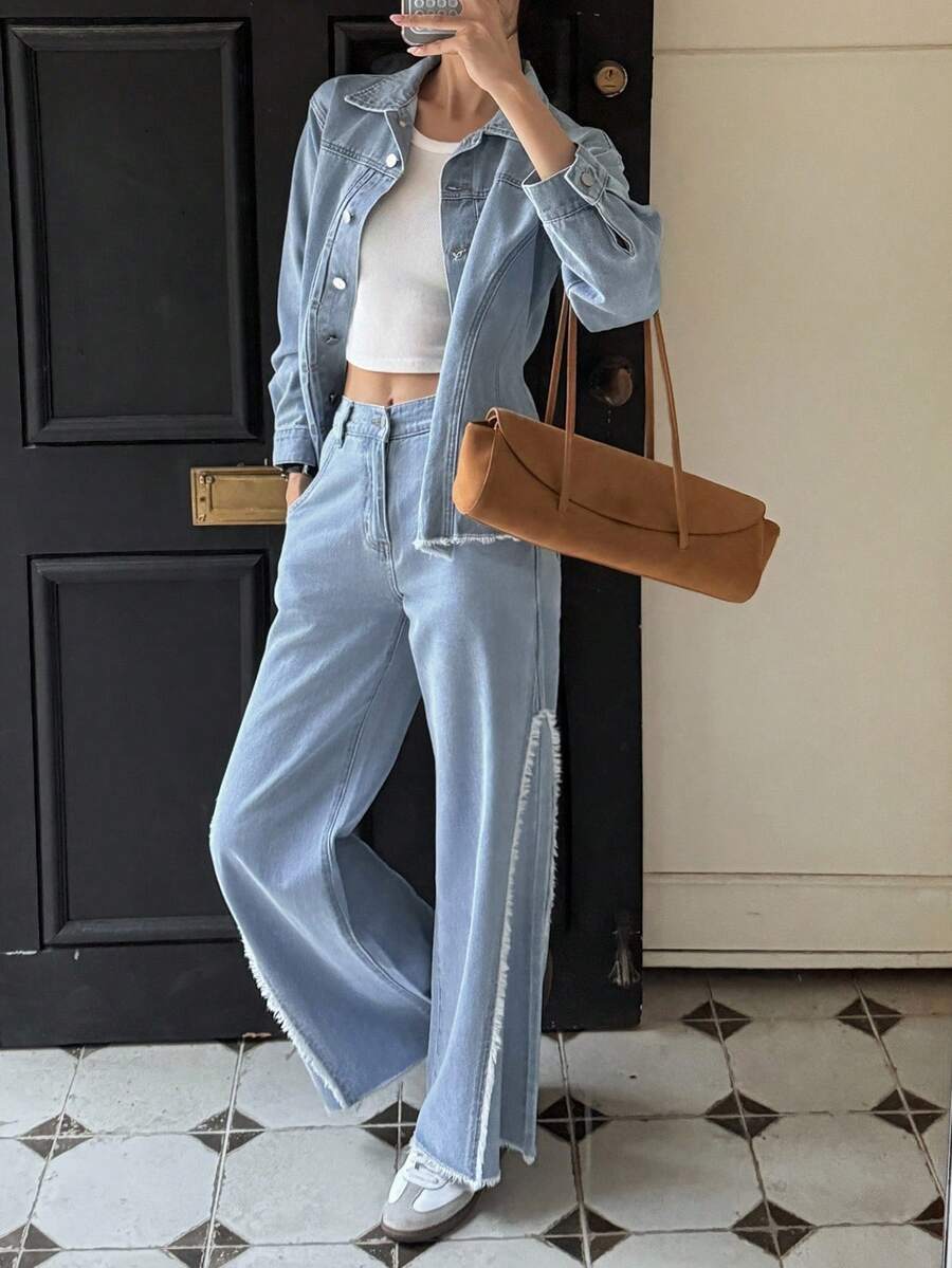 DAZY Women's Denim Collared Long Sleeve Cinched Waist Frayed Hem Cardigan And Flared Frayed Hem Pants 2 Pieces Casual Elegant Denim Set