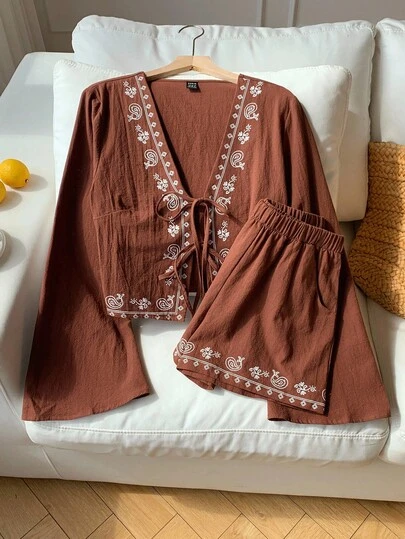 Comfortcana Women's Bohemian Cashew Print Front Tie Shirt And Shorts 2 Pieces Set Brown Blouses Two Piece Linen Set Brown Set Women Boho Two Piece Set