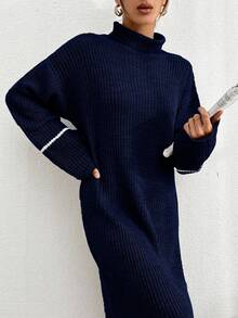 EURMUSE Women's Casual Drop Shoulder High Neck Ribbed Contrast Color Knitted Sweater Dress, Autumn,Winter Dresses - Navy Blue - View 3