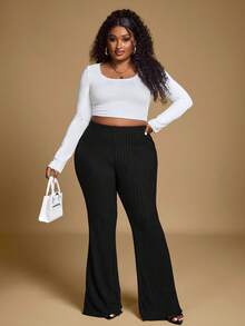 Hourglow Ceceforeign_ Plus Size Elastic Waist Casual Wide Leg Long Ribbed Flare Pants, Suitable For Autumn And Summer, For Hourglass Body Shape