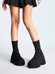 Sugerpunk Y2K 风格黑色朋克摇滚厚底靴、厚底哥特靴、一脚蹬弹力袜靴、不对称高跟街头风靴、女式踝靴和短靴 - 黑色 - 查看 5