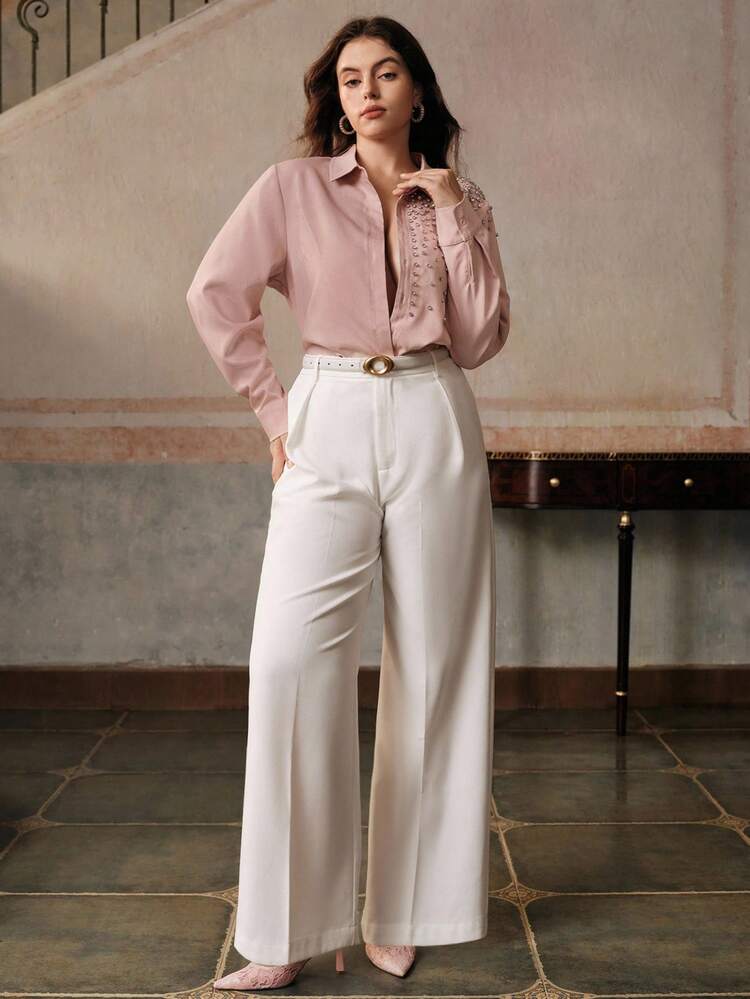 Plus Size Women Elegant Romantic Fashion Rhinestone Collar Long Sleeve Lotus Root Pink Blouse