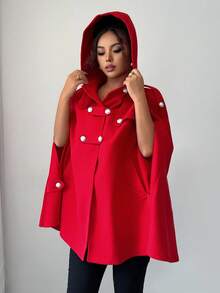 Elenzga 女士红色连帽斗篷，宽松版型，银色蘑菇纽扣装饰，常规款外套，休闲户外时尚日常穿着，适合圣诞节、秋冬季节穿着。 - 彩色 - 查看 4