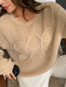 Livesso Women's Autumn 3D Knitted Crew Neck Sweater - Coffee Brown - View 5