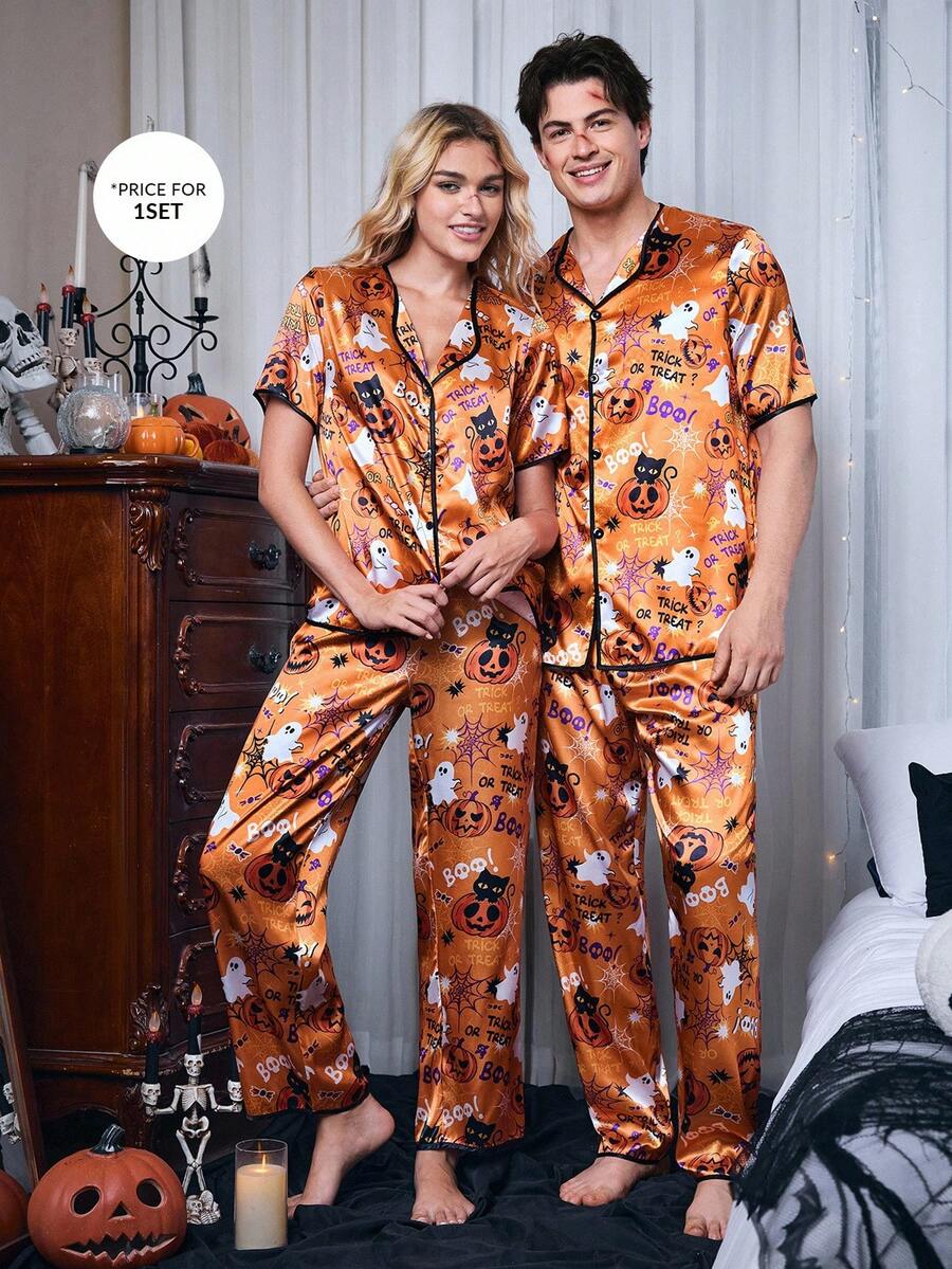 CoupledUp Halloween Themed Print Faux Silk Men Pajama Set - Orange - View 1