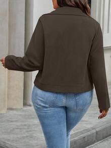EMERY ROSE Plus Size Women's Solid Color Long Sleeve Zip-Up Casual Motorcycle Jacket, Autumn Winter Fall - Coffee Brown - View 2