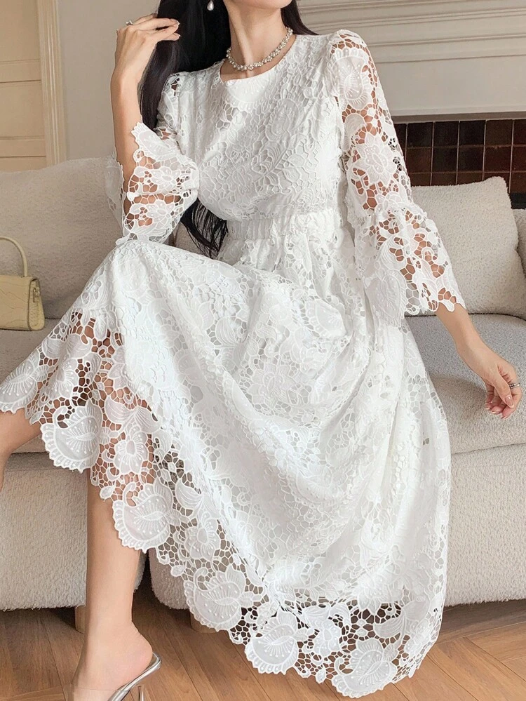 French Style Loose Dress, Women's Lace Hollow Out Flare Sleeve Dress Maxi Dress