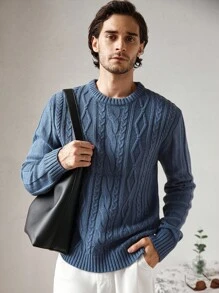 Manfinity CityGents 男士休闲针织圆领长袖毛衣，秋冬男士麻花针织毛衣蓝色毛衣