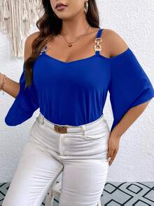 SHEIN Clasi Plus Size Solid Color Casual Metal Chain Off Shoulder Blouse - Blue - View 7