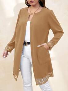 SHEIN Clasi Plus Size Solid Color Lace Patchwork Hollow Pocket Elegant Long Sleeve Jacket Winter Fall Autumn - Apricot - View 3