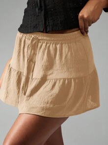 MISSGUIDED Saia Mini Plissada de Cintura Alta, Fluida, Estilo A, Verão, Casual, Leve, Praia, Resort, Elástica, Puxar para Vestir - Bege - Visão 3