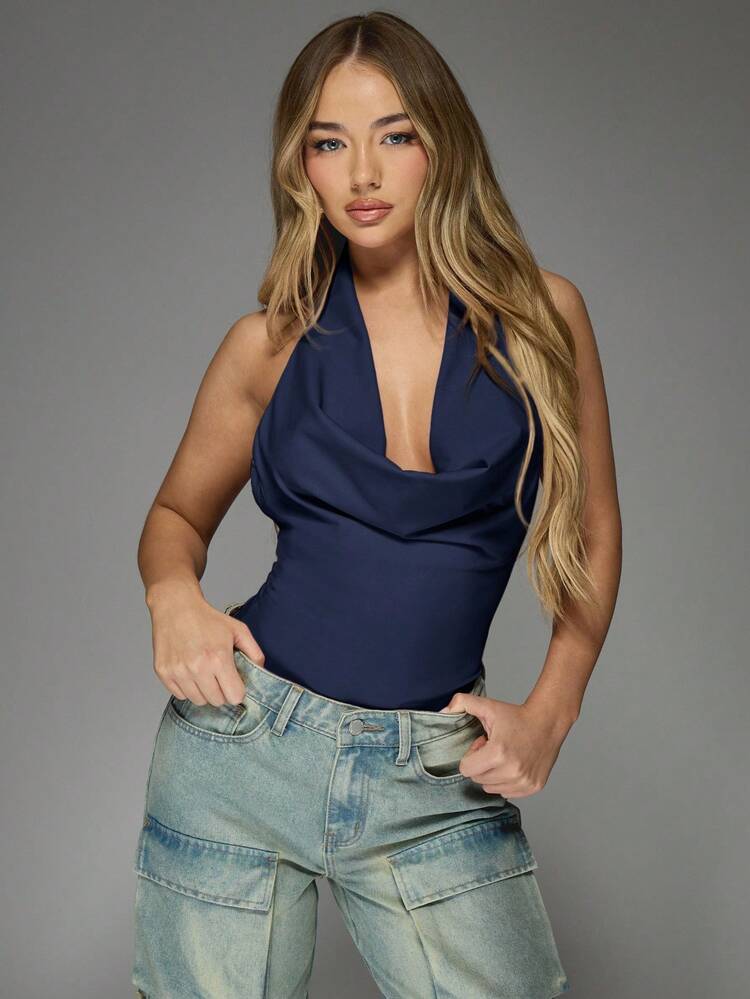 MISSGUIDED Elegant Cowl Neck Halter Bodysuit Backless Evening Party Clubwear One Piece Sleeveless Plunging Neckline Fall Winter