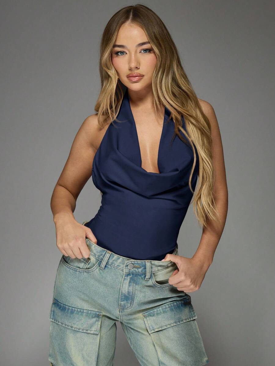 MISSGUIDED Bộ đồ liền thân cổ yếm thanh lịch, hở lưng, thích hợp cho tiệc tối, câu lạc bộ, không tay, cổ khoét sâu, mùa thu đông. - Màu xanh hải quân - Xem 1