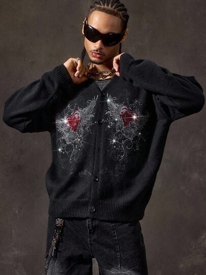 Street Life Herren Lässige Herz- und Flügel-Muster Reißverschluss Kapuzenjacke, Herbst