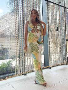 Cioccolato Women's Tropical Plant Print Hollow-Out Sexy Tie Neck Dress, Vacation Wear