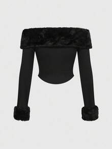 ROMWE Grunge Punk 性感露肩紧身毛绒女式上衣 - 黑色 - 查看 2