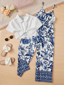 SHEIN Tween Girl Floral Print Cami Jumpsuit & Knot Front Shirt - Blue - View 2