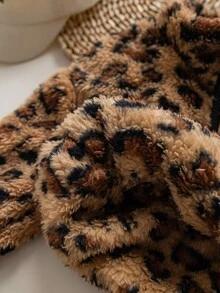 SHEIN Babygirl Fluffy Leopard Print Casual Jacket, Autumn/Winter Fall - Brown - View 5